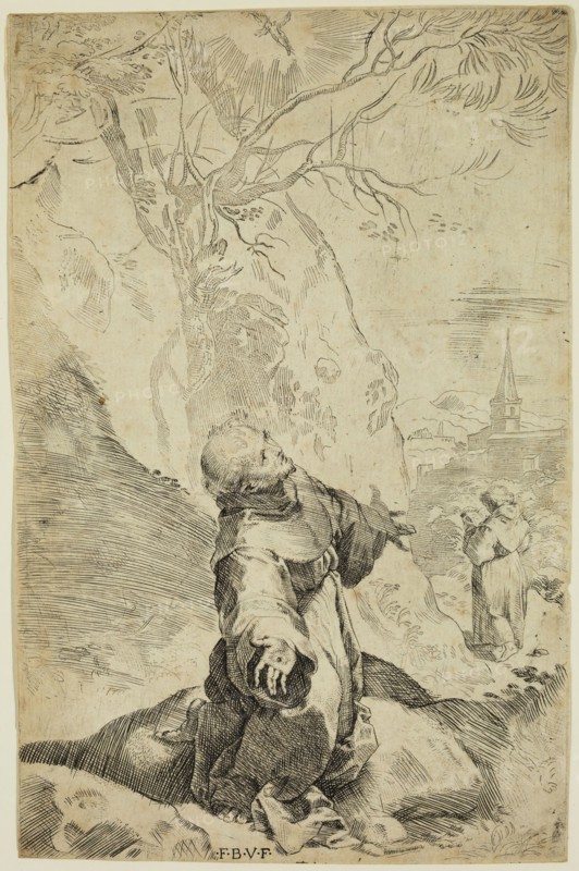 Federico Barocci, Italian, 1535-1612, The Stigmatization of Saint Francis, between 1535 and 1612, etching and engraving printed in black ink on laid paper, Sheet (trimmed within plate mark): 9 × 5 3/4 inches (22.9 × 14.6 cm)