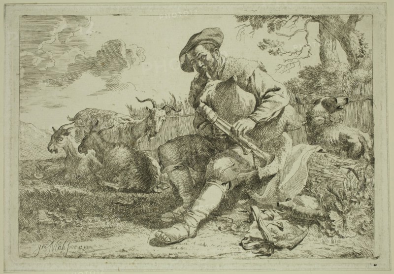 Jan Miele, Flemish, 1599-1663, The Shepherd with the Bagpipe, mid-16th century, etching printed in black ink on laid paper, Plate: 5 3/4 × 8 3/8 inches (14.6 × 21.3 cm)