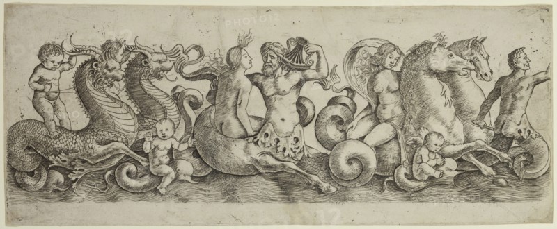 Girolamo Mocetto, Italian, 1458-1531, Frieze with Tritons and Nymphs, ca. 1493, engraving printed in black ink on laid paper, Plate: 5 × 12 5/8 inches (12.7 × 32.1 cm)