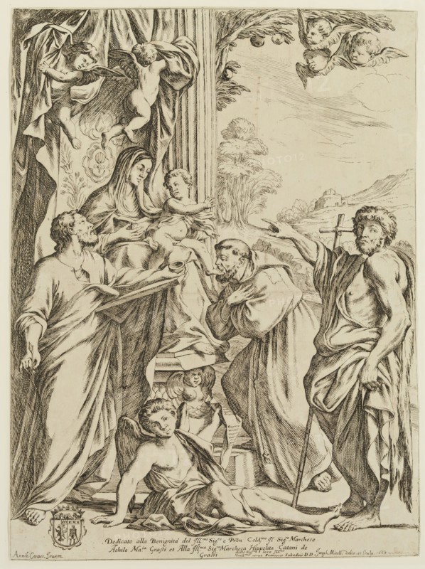Giuseppe Maria Mitelli, Italian, 1634-1718, after Annibale Carracci, Italian, 1560-1609, Holy Virgin with the Infant Jesus, Saint Matthew, John the Baptist and Saint Francis, between 1663 and 1668, etching printed in black ink on laid paper, Sheet (trimmed within plate mark): 16 1/4 × 12 inches (41.3 × 30.5 cm)