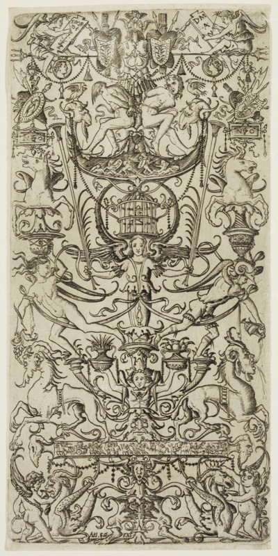 Nicoletto da Modena, Italian, Ornamental Panel with Bound Slaves and a Birdcage, between 1500 and 1512, engraving printed in black ink on laid paper, Plate: 10 3/8 × 5 1/8 inches (26.4 × 13 cm)