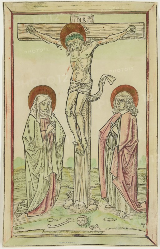 Christ on the Cross with the Virgin and Saint John, 15th century, woodcut printed in black ink, colored by hand on parchment, Image: 11 3/8 × 7 1/4 inches (28.9 × 18.4 cm)