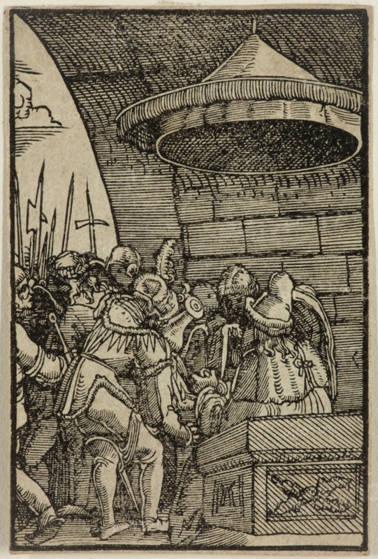 Albrecht Altdorfer, German, 1480-1538, Pilate Washing His Hands, 1513, woodcut printed in black ink on laid paper, Image: 2 3/4 × 1 7/8 inches (7 × 4.8 cm)