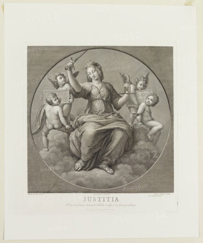 Raphael Morghen, Italian, 1758-1833, after Raphael, Italian, 1483-1520, Justice, between 1758 and 1833, Engraving printed in black ink on wove paper, Plate: 16 1/2 × 14 7/8 inches (41.9 × 37.8 cm)