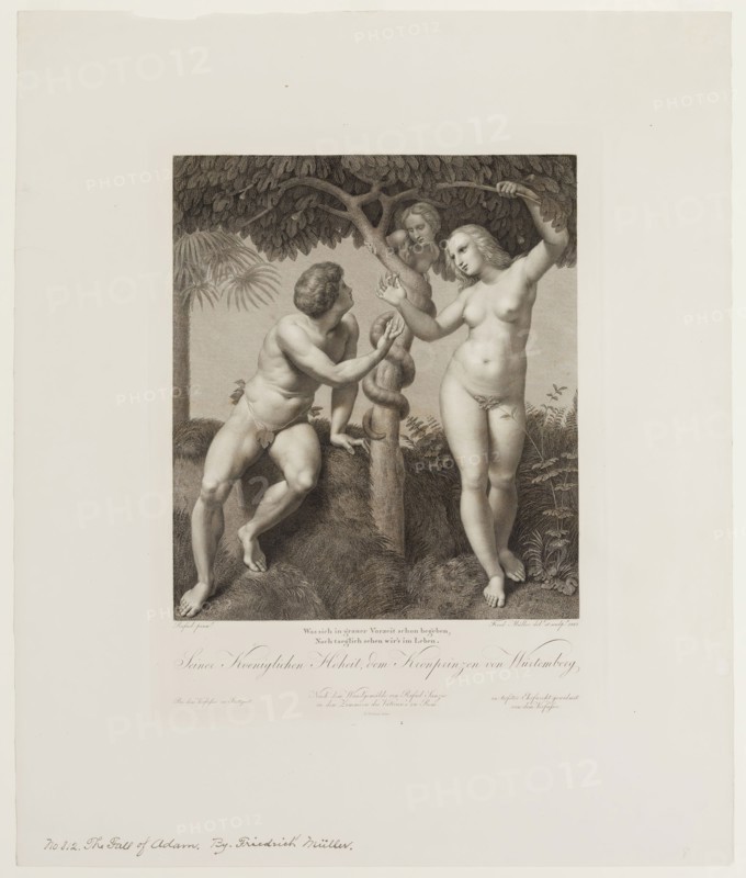 Johann Friedrich Wilhelm Muller, German, 1782-1816, after Raphael, Italian, 1483-1520, Fall of Adam, 1813, Engraving printed in black on wove paper, plate: 15 3/8 x 11 3/4 in.