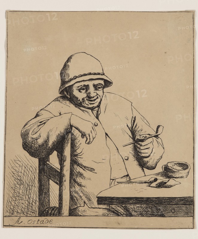 Unknown (Dutch), after Adriaen van Ostade, Dutch, 1610-1685, Laughing Smoker, between 1672 and 1885, printed 19th century, etching printed in black ink on wove paper, Sheet (trimmed within plate mark): 4 1/8 × 3 1/2 inches (10.5 × 8.9 cm)