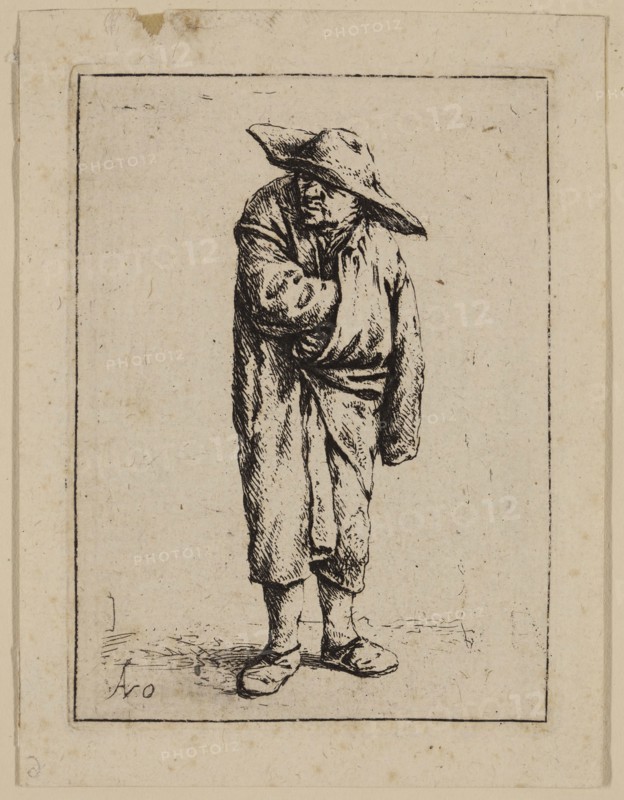 Adriaen van Ostade, Dutch, 1610-1685, Peasant Wrapped in a Cloak, ca. 1638, etching printed in black ink on laid paper, Plate: 3 3/8 × 2 1/2 inches (8.6 × 6.4 cm)