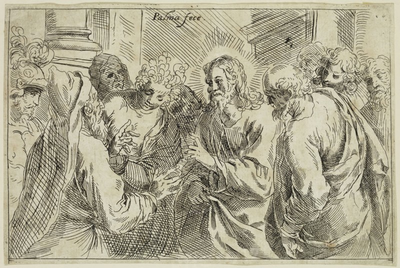 Jacopo Palma, Italian, 1544-1628, Christ and the Woman Taken in Adultery, between 16th and 17th century, etching printed in black ink on laid paper, Sheet (trimmed within plate mark): 4 3/8 × 6 5/8 inches (11.1 × 16.8 cm)