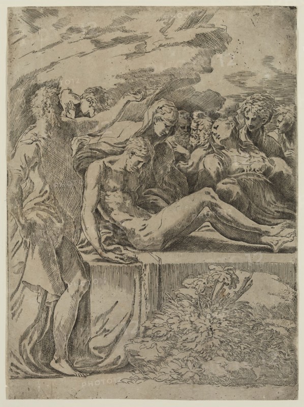 Parmigianino, Italian, 1503-1540, The Entombment, 16th century, etching printed in black ink on laid paper, Sheet (trimmed within plate mark): 12 7/8 × 9 1/2 inches (32.7 × 24.1 cm)