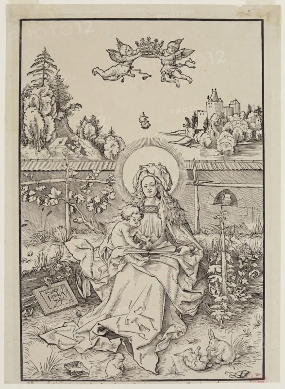 Heinrich Lodel, German, 1798-1861, after Hans Ulrich Wechtlin, The Virgin Sitting in a Garden, 19th century, woodcut printed in gray ink on china paper, Image: 10 3/8 × 7 1/8 inches (26.4 × 18.1 cm)