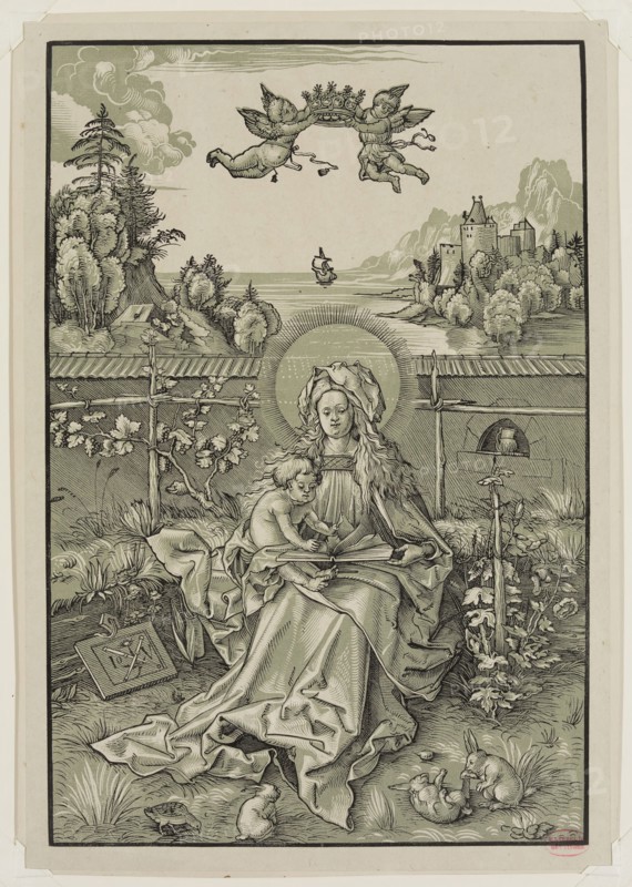 Heinrich Lodel, German, 1798-1861, after Hans Ulrich Wechtlin, The Virgin Sitting in a Garden, 19th century, chiaroscuro woodcut printed in black and green ink on chine-collé, Image: 10 1/2 × 7 1/8 inches (26.7 × 18.1 cm)