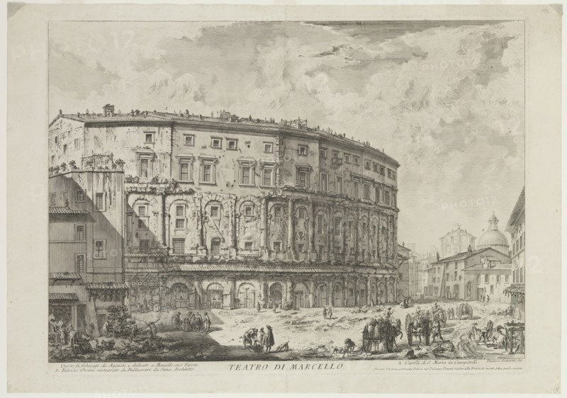 Giovanni Battista Piranesi, Italian, 1720-1778, The Theatre of Marcellus, 1757, etching printed in black ink on laid paper, Plate: 15 7/8 × 21 1/2 inches (40.3 × 54.6 cm)