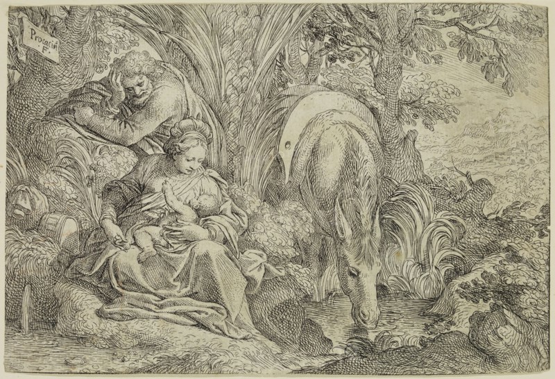 Camillo Procaccini, Italian, 1551-1629, Rest on the Flight into Egypt, between 16th and 17th century, etching printed in black ink on laid paper, Sheet (trimmed within plate mark): 6 3/4 × 10 inches (17.1 × 25.4 cm)