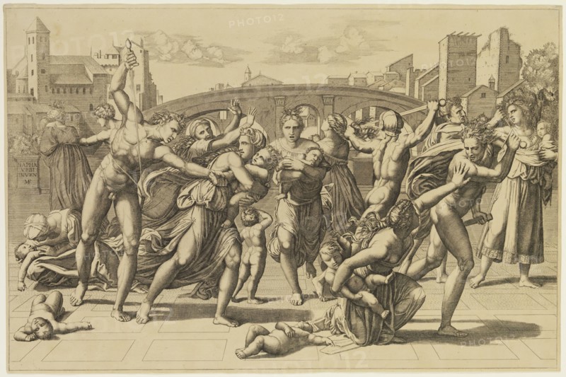 Unknown (Italian), after Marcantonio Raimondi, Italian, 1487-1534, after Raphael, Italian, 1483-1520, Massacre of the Innocents, 19th century, engraving printed in black ink on laid paper, Image: 11 1/8 × 16 7/8 inches (28.3 × 42.9 cm)