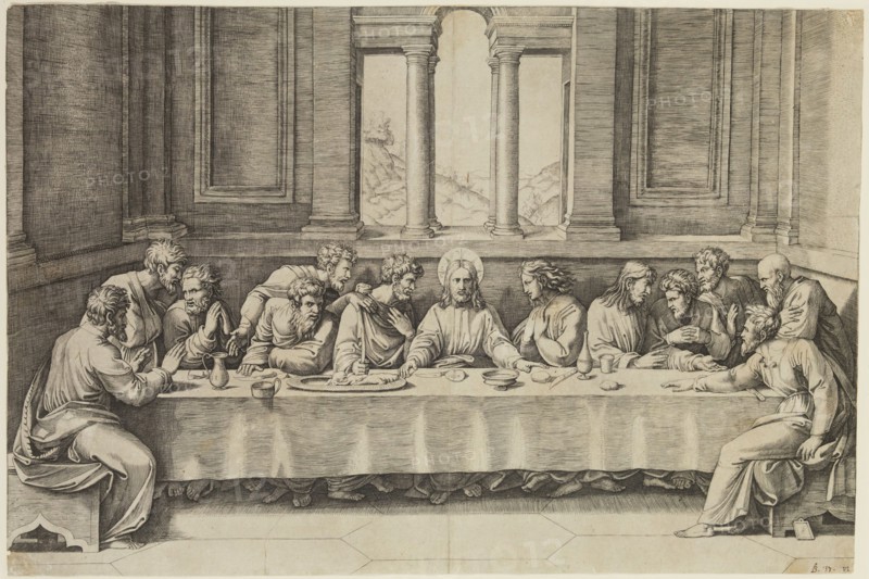Marcantonio Raimondi, Italian, 1487-1534, after Raphael, Italian, 1483-1520, Last Supper, between 1515 and 1516, engraving printed in black ink on laid paper, Sheet (trimmed within plate mark): 11 3/8 × 17 1/8 inches (28.9 × 43.5 cm)