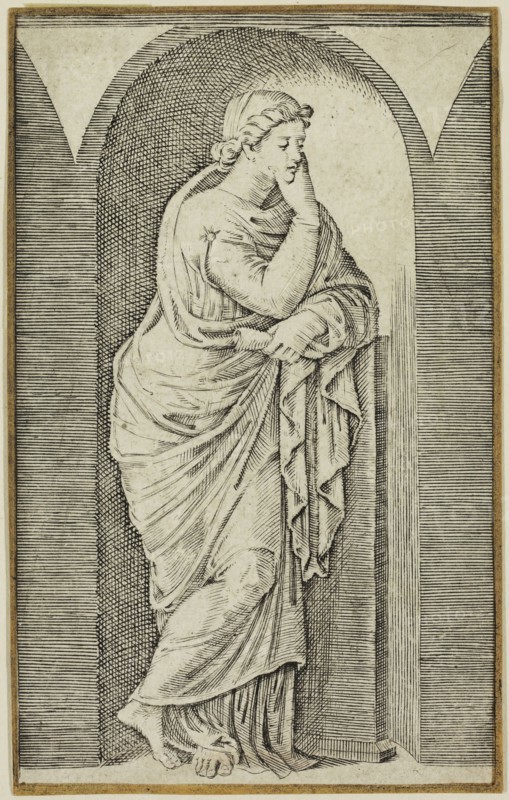 Marcantonio Raimondi, Italian, 1487-1534, after Raphael, Italian, 1483-1520, One of the Nine Muses, between 1487 and 1534, engraving printed in black ink on laid paper, Sheet (trimmed within plate mark): 5 1/8 × 3 1/8 inches (13 × 7.9 cm)