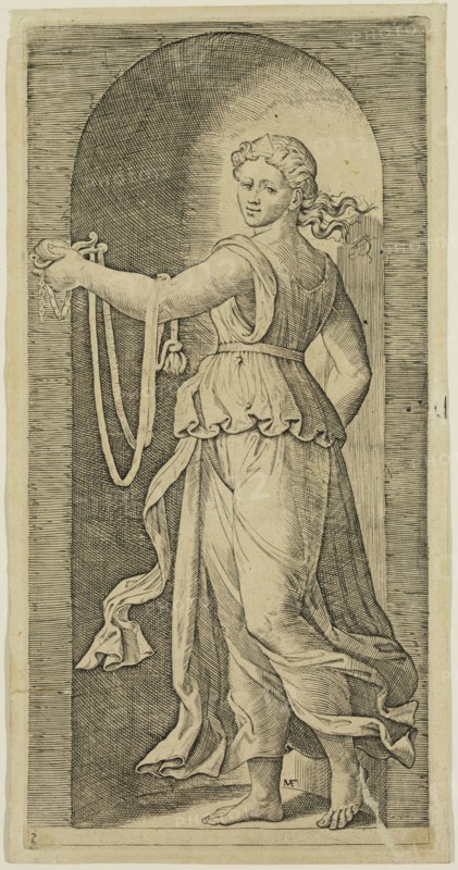 Marcantonio Raimondi, Italian, 1487-1534, after Raphael, Italian, 1483-1520, Temperance, between 1487 and 1534, Engraving printed in black ink on wove paper, Plate: 8 3/4 × 4 1/4 inches (22.2 × 10.8 cm)