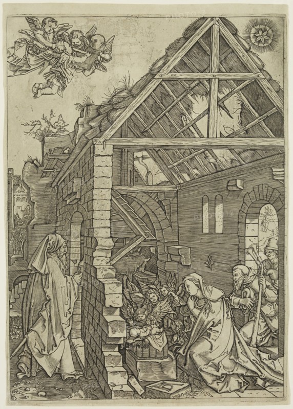 Marcantonio Raimondi, Italian, 1487-1534, after Albrecht Dürer, German, 1471-1528, Nativity, 16th century, engraving printed in black ink on laid paper, Plate: 11 1/2 × 8 1/4 inches (29.2 × 21 cm)