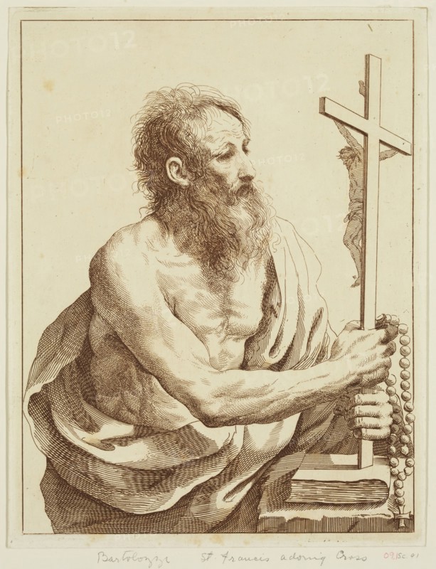 Francesco Bartolozzi, Italian, 1727-1815, after Guido Reni, Italian, 1575-1642, Saint Francis Adoring the Holy Cross, between 1727 and 1815, etching and engraving printed in brown ink on wove paper, Plate: 9 5/8 × 7 3/8 inches (24.4 × 18.7 cm)
