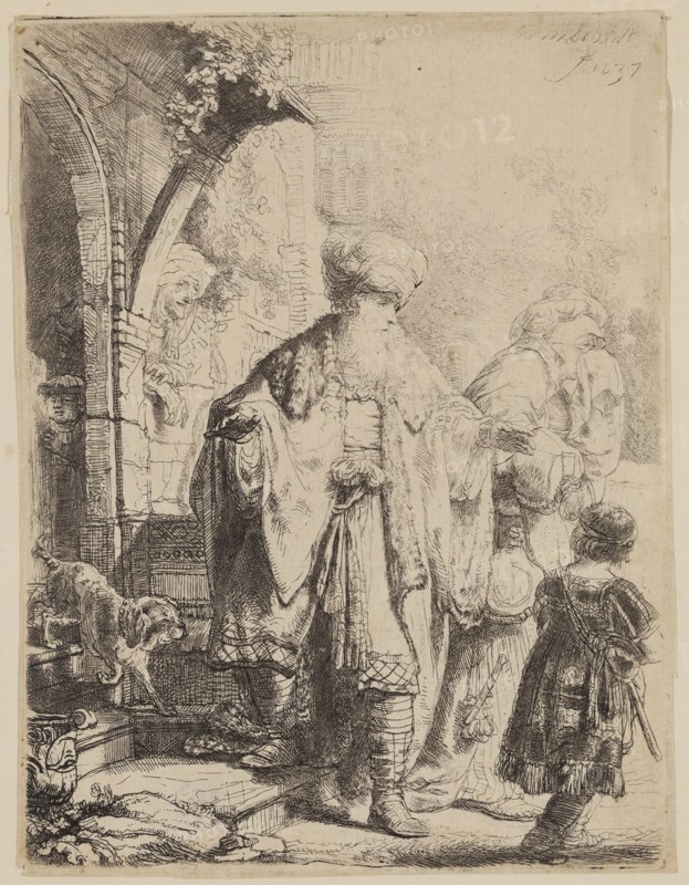 Rembrandt Harmensz van Rijn, Dutch, 1606-1669, Abraham Casting Out Hagar and Ishmael, 1637, etching printed in black ink with an ink wash on laid paper, Sheet (trimmed to platemark): 5 × 3 3/4 inches (12.7 × 9.5 cm)