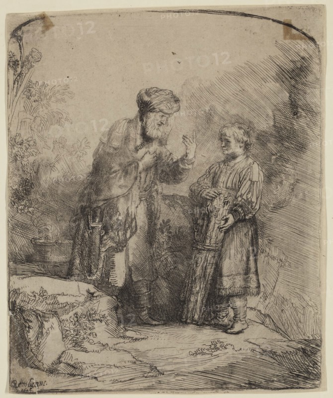 Rembrandt Harmensz van Rijn, Dutch, 1606-1669, Abraham and Isaac, 1645, etching printed in black ink on laid paper, Sheet: 6 1/8 × 5 1/8 inches (15.6 × 13 cm)