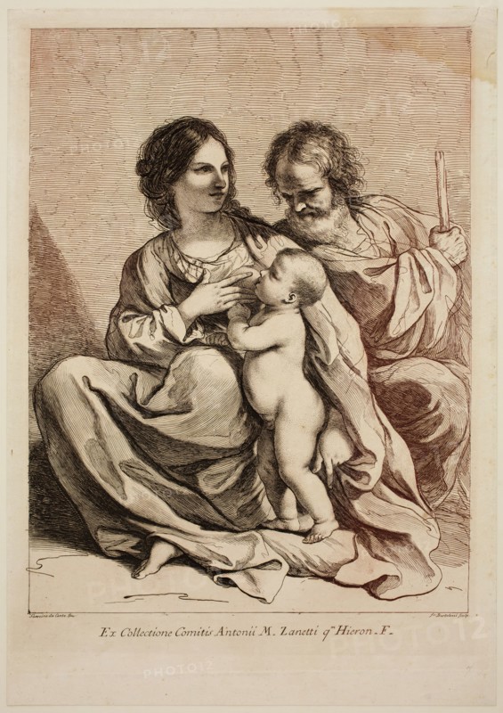 Francesco Bartolozzi, Italian, 1727-1815, after Guercino (Giovanni Francesco Barbieri), Italian, 1591-1666, Holy Virgin, the Infant Jesus, and Saint Joseph, between 1727 and 1815, etching and engraving printed in black and brown ink on laid paper, Plate: 15 3/4 × 11 3/8 inches (40 × 28.9 cm)