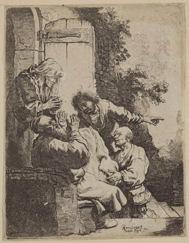 Unknown (Dutch), after Rembrandt Harmensz van Rijn, Dutch, 1606-1669, Joseph's Coat Brought to Jacob, ca. 1633, etching printed in black ink on laid paper, Plate: 4 1/8 × 3 1/4 inches (10.5 × 8.3 cm)