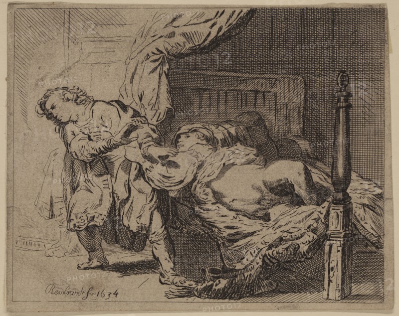 Unknown (Dutch), after Rembrandt Harmensz van Rijn, Dutch, 1606-1669, Joseph and Potiphar's Wife, 1634, etching printed in black ink on laid paper, Sheet (trimmed within plate mark): 3 1/2 × 4 3/8 inches (8.9 × 11.1 cm)