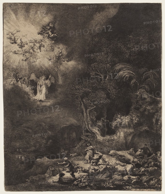 Rembrandt Harmensz van Rijn, Dutch, 1606-1669, Angel Appearing to the Shepherds, 1634, etching, engraving, and drypoint printed in black ink on laid paper, Plate (and sheet): 10 1/4 × 8 5/8 inches (26 × 21.9 cm)