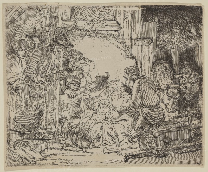Rembrandt Harmensz van Rijn, Dutch, 1606-1669, Adoration of the Shepherds, ca. 1654, etching printed in black ink on laid paper, Plate: 4 1/8 × 5 1/8 inches (10.5 × 13 cm)