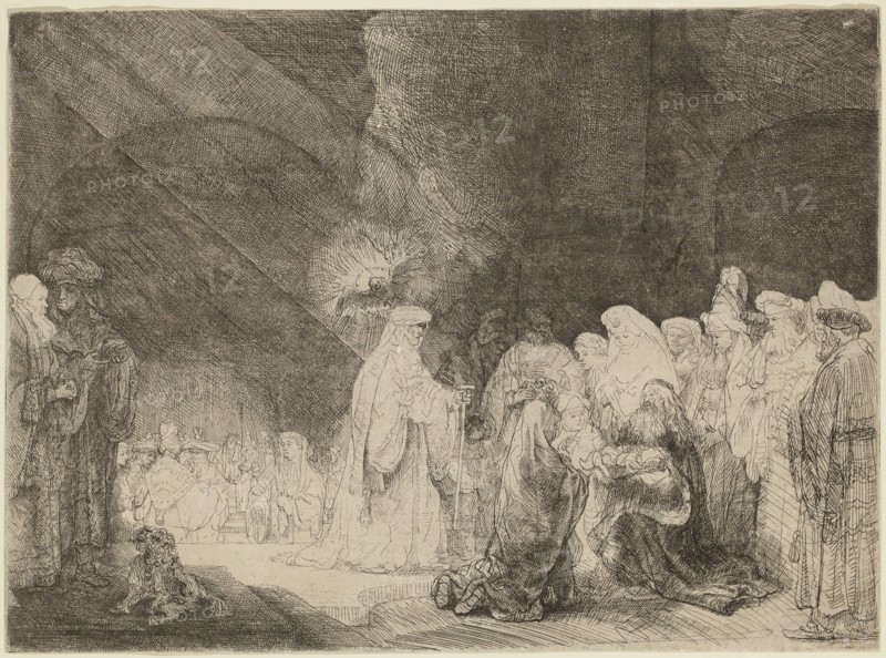 Rembrandt Harmensz van Rijn, Dutch, 1606-1669, Presentation in the Temple, ca. 1639, etching printed in black ink on laid paper, Sheet (trimmed within platemark): 8 1/2 × 11 1/2 inches (21.6 × 29.2 cm)