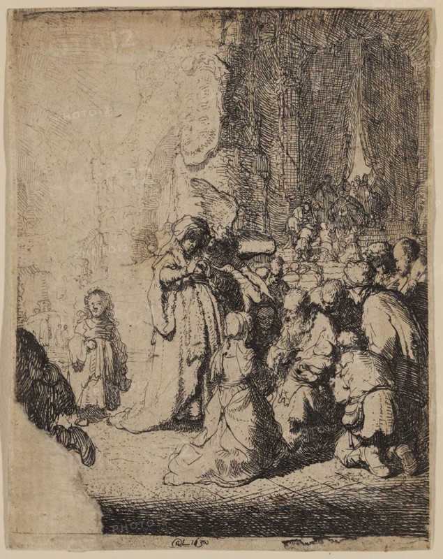 Rembrandt Harmensz van Rijn, Dutch, 1606-1669, Presentation in the Temple, 1630, etching printed in black ink on laid paper, Sheet (trimmed within platemark): 4 × 3 1/8 inches (10.2 × 7.9 cm)