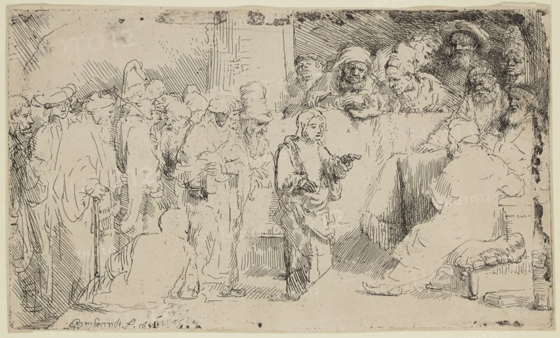 Rembrandt Harmensz van Rijn, Dutch, 1606-1669, Christ Disputing with the Doctors, 1652, etching and mezzotint printed in black ink on laid paper, Plate: 4 7/8 × 8 3/8 inches (12.4 × 21.3 cm)