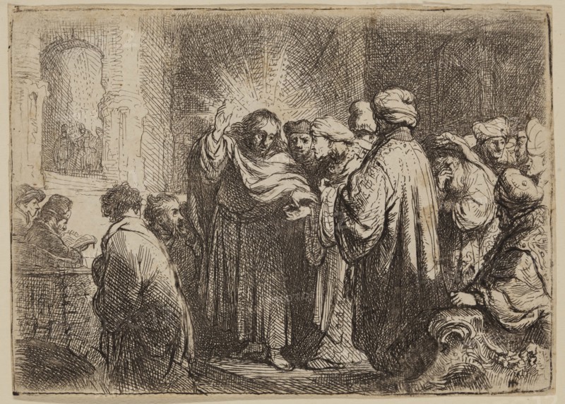 Rembrandt Harmensz van Rijn, Dutch, 1606-1669, Tribute Money, ca. 1635, etching printed in black ink on laid paper, Plate: 2 7/8 × 4 inches (7.3 × 10.2 cm)