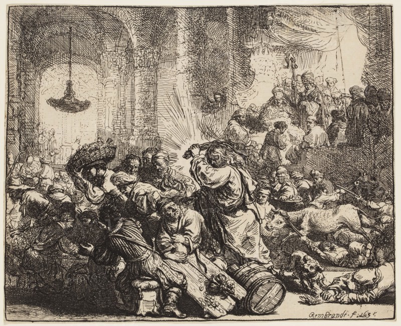 Rembrandt Harmensz van Rijn, Dutch, 1606-1669, Christ Driving the Money Changers from the Temple, 1635, etching printed in black ink on laid paper, Sheet (trimmed within platemark): 5 3/8 × 6 1/2 inches (13.7 × 16.5 cm)