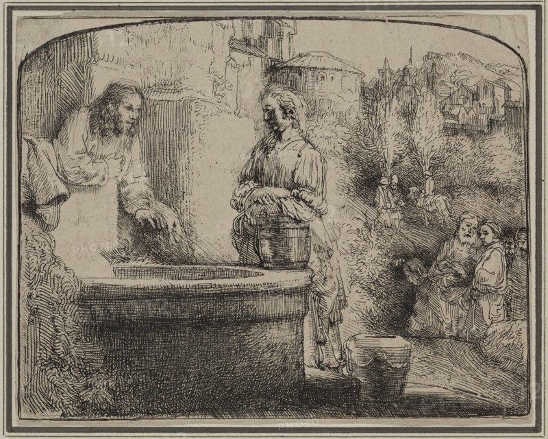 Rembrandt Harmensz van Rijn, Dutch, 1606-1669, Christ and the Woman of Samaria, 1657 or 1658, etching printed in black ink on laid paper, Sheet (trimmed within platemark): 5 × 6 1/4 inches (12.7 × 15.9 cm)