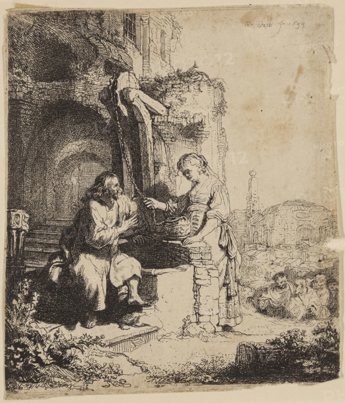 Rembrandt Harmensz van Rijn, Dutch, 1606-1669, Christ and the Woman of Samaria Among Ruins, 1634, etching printed in black ink on laid paper, Plate: 4 7/8 × 4 1/4 inches (12.4 × 10.8 cm)