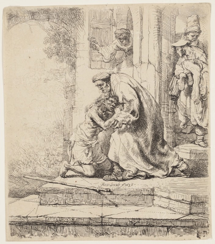 Rembrandt Harmensz van Rijn, Dutch, 1606-1669, Return of the Prodigal Son, 1636, etching printed in black ink on laid paper, Plate: 6 1/8 × 5 3/8 inches (15.6 × 13.7 cm)