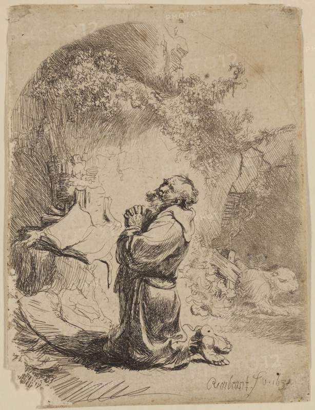 Rembrandt Harmensz van Rijn, Dutch, 1606-1669, Saint Jerome Praying: Arched, 1632, etching printed in black ink on laid paper, Sheet: 4 1/4 × 3 1/8 inches (10.8 × 7.9 cm)