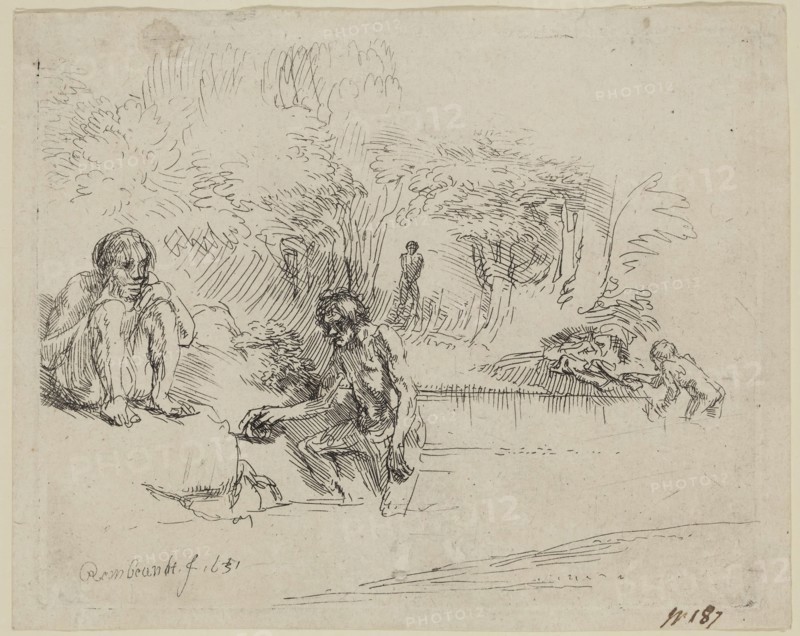 Rembrandt Harmensz van Rijn, Dutch, 1606-1669, Bathers, 1651, etching printed in black ink on laid paper, Plate: 4 1/4 × 5 3/8 inches (10.8 × 13.7 cm)