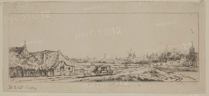 Unknown (Dutch), after Philips de Koninck, Dutch, 1619-1688, Landscape with a Coach, between 17th and 19th century, Etching printed on wove paper, Plate: 3 1/8 × 7 1/4 inches (7.9 × 18.4 cm)