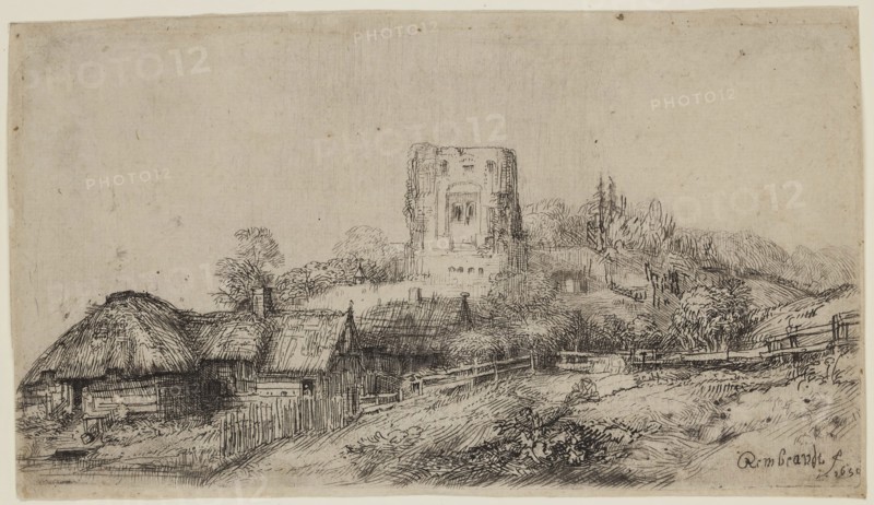 Rembrandt Harmensz van Rijn, Dutch, 1606-1669, Landscape with a Square Tower, 1650, etching and drypoint printed in black ink on laid paper, Plate: 3 1/2 × 6 1/8 inches (8.9 × 15.6 cm)