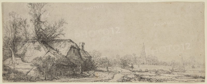 Rembrandt Harmensz van Rijn, Dutch, 1606-1669, Cottage beside a Canal: A View of Diemen, ca. 1645, etching printed in black ink on laid paper, Sheet (trimmed within platemark): 3 1/8 × 7 7/8 inches (7.9 × 20 cm)