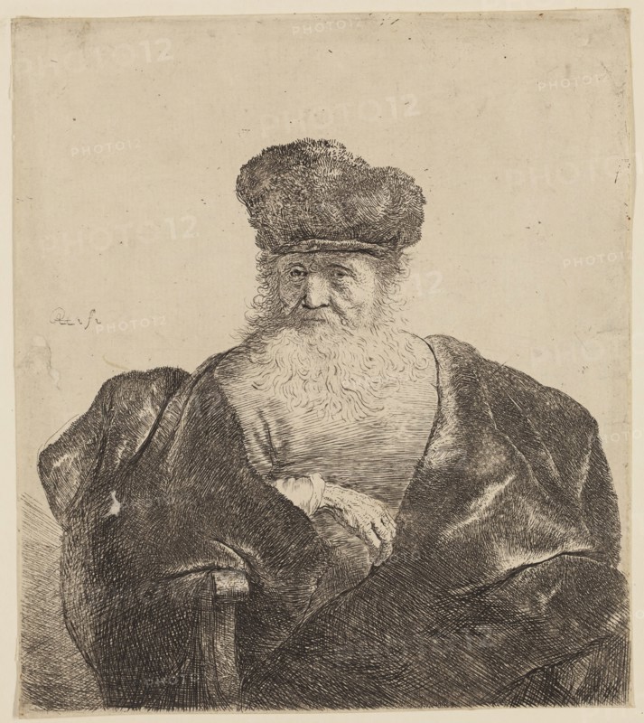 Rembrandt Harmensz van Rijn, Dutch, 1606-1669, Old Man with Beard, Fur Cap, and Velvet Cloak, ca. 1632, etching and engraving printed in black ink on laid paper, Plate: 5 7/8 × 5 1/8 inches (14.9 × 13 cm)