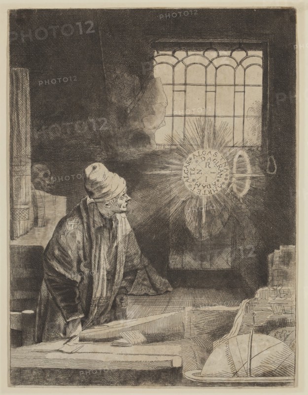 George Bickham, English, ca. 1706-1771, after Rembrandt Harmensz van Rijn, Dutch, 1606-1669, Faust in His Study, Watching a Magic Disk, 18th century, etching printed in black ink on wove paper, Image and sheet (no visible plate mark): 8 1/4 × 6 1/4 inches (21 × 15.9 cm)