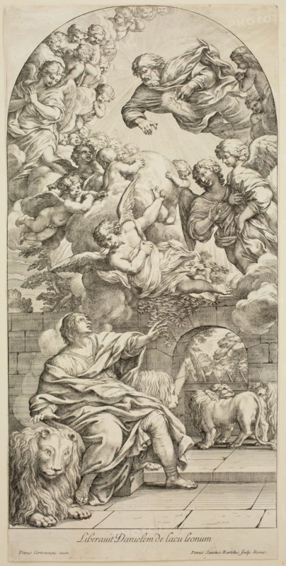 Petrus Sanctus Bartolus, Italian, 1635-1700, after Pietro da Cortona, Italian, 1596-1669, Daniel in the Lion's Den, Mid 17th century, Etching and engraving printed in black on laid paper, image: 16 3/4 x 8 5/8 in.