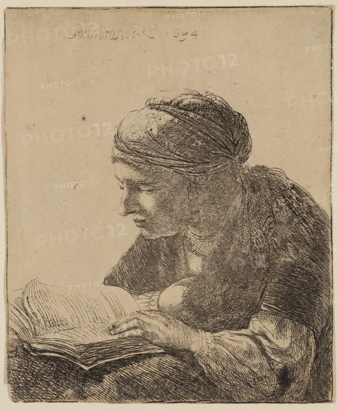 Rembrandt Harmensz van Rijn, Dutch, 1606-1669, Woman Reading, 1634, etching printed in black ink on laid paper, Sheet (trimmed within platemark): 4 3/4 × 3 7/8 inches (12.1 × 9.8 cm)