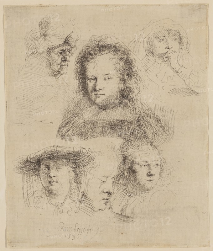Rembrandt Harmensz van Rijn, Dutch, 1606-1669, Studies of the Head of Saskia and Others, 1636, etching printed in black ink on laid paper, Plate: 6 × 5 inches (15.2 × 12.7 cm)