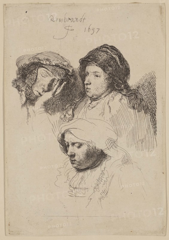 Rembrandt Harmensz van Rijn, Dutch, 1606-1669, Three Heads of Women, 1637, etching printed in black ink on laid paper, Plate: 5 1/2 × 3 3/4 inches (14 × 9.5 cm)