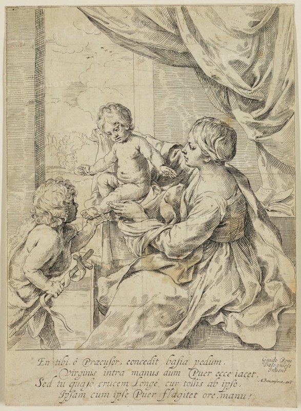 Unknown (Italian), after Guido Reni, Italian, 1575-1642, Virgin, Infant Jesus and Saint John the Baptist, between 16th and 17th century, etching printed in black ink on laid paper, Sheet: 8 1/2 × 6 1/8 inches (21.6 × 15.6 cm)